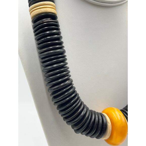 Vintage Black Bakelite Disc Necklace Butterscotch Amber Accent Statement Jewelry - Picture 4 of 13